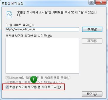 인터넷 익스플로러의 '호환성 보기 설정' 창. 하단에 '호환성 보기에서 모든 웹 사이트 표시(E)' 옵션이 체크되어있음